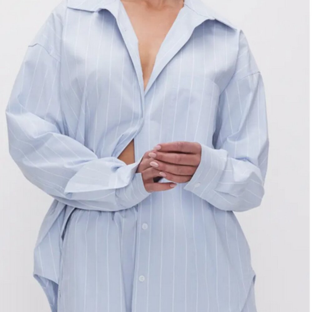 Good American Oversize Stripe Stretch Cotton Poplin Button-Up Shirt